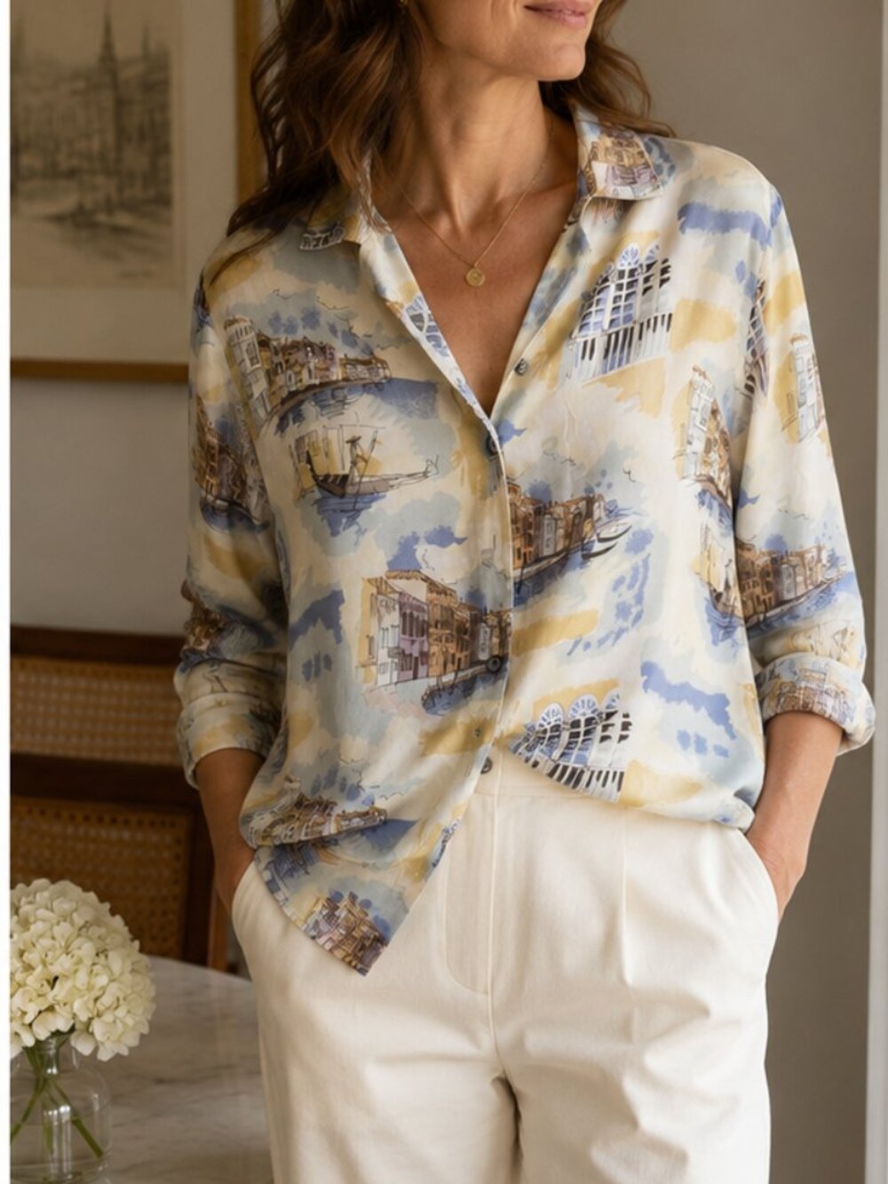 Galinda Wang 100% Silk Venice Print Button Front Blouse Size 14